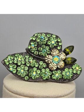 Green Rhinestone Hat Brooch Festive 🍀 St. Patrick’s Day 1.75”